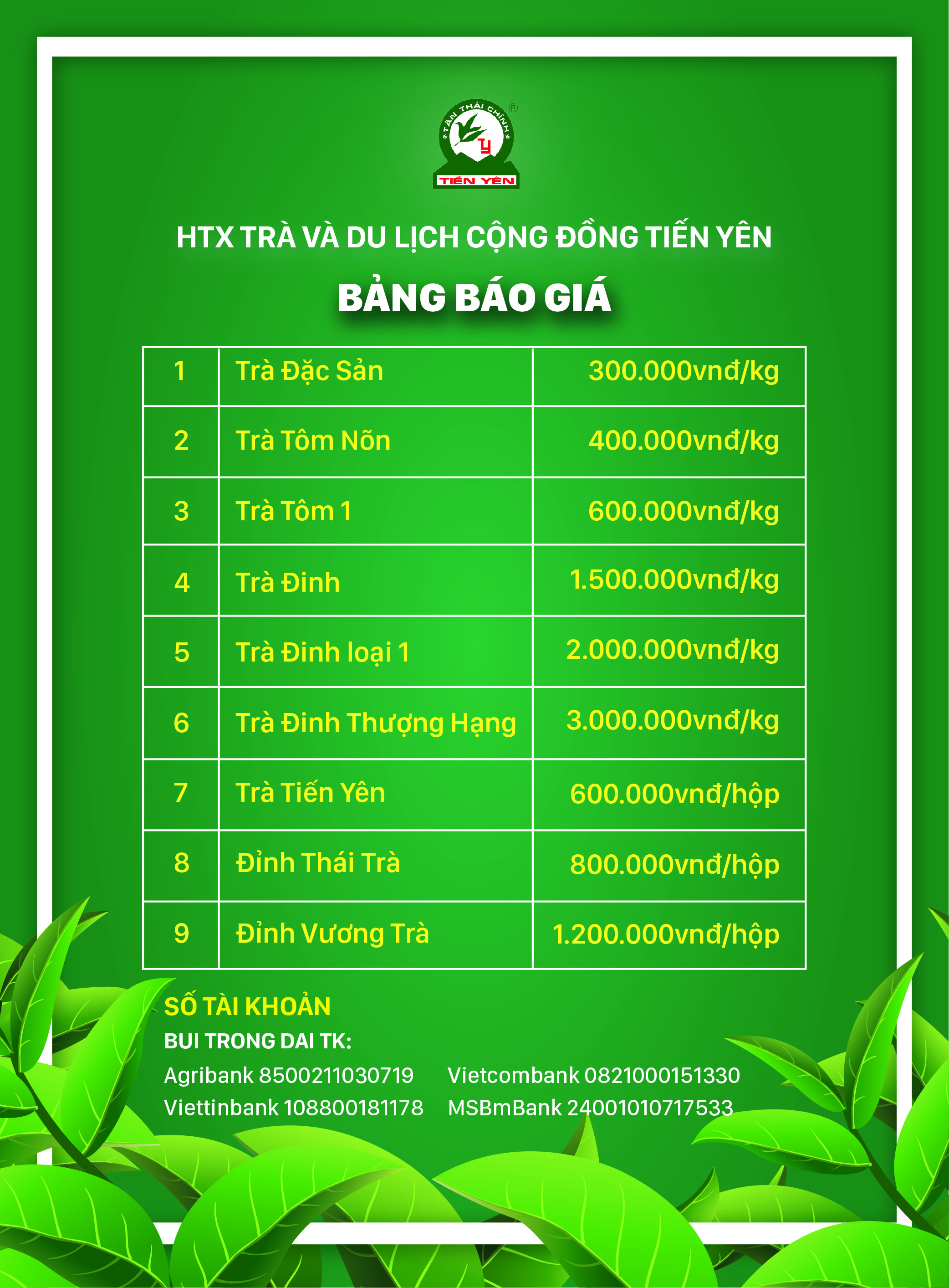 Báo giá các sản phẩm của HTX trà và Du lịch cộng đồng Tiến Yên